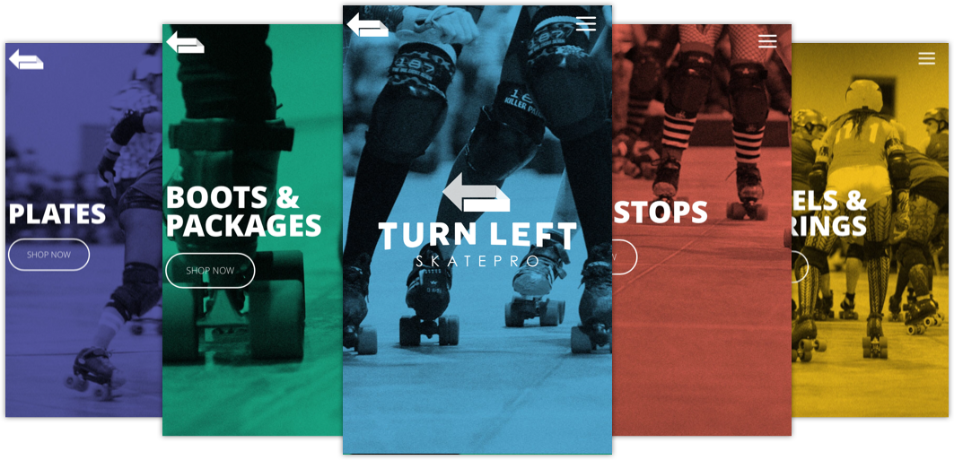 turn left skatepro website mobile screens color examples